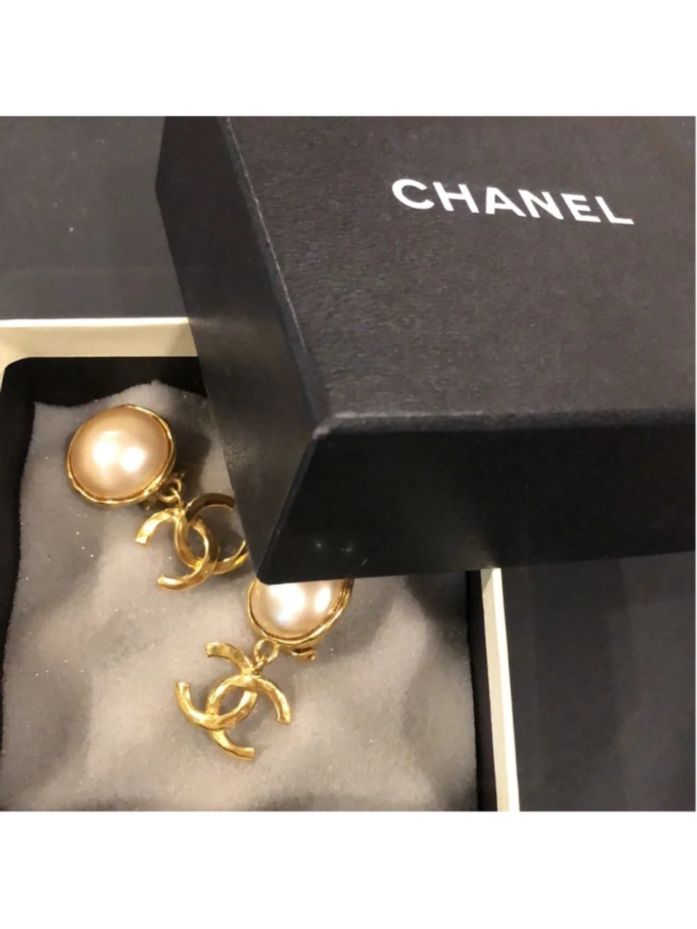 CHANEL Interlinked CC 24k Gold Plated and Cream Mabe Pearl Drop Clip-On Earrings